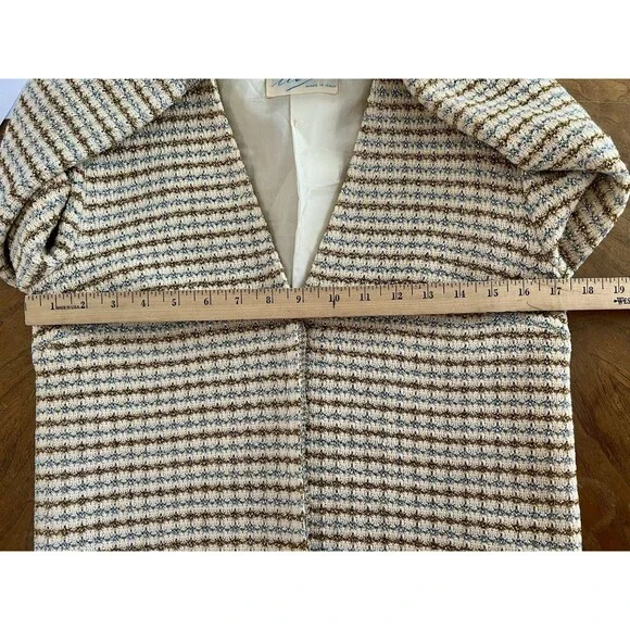 Vintage CISA OF ITALY Knit Cream Skirt Suit, Gold Silver Check Pattern, Size 10